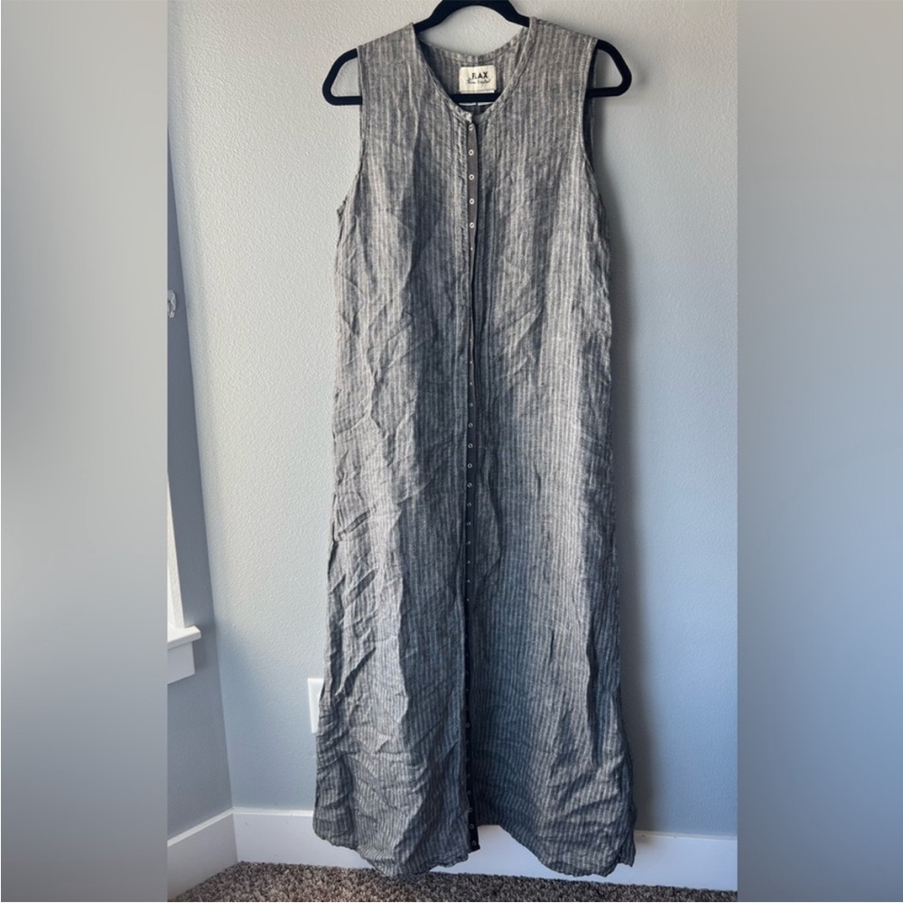 Flax grey striped 100% linen snap front sleeveless maxi dress Women’s size M